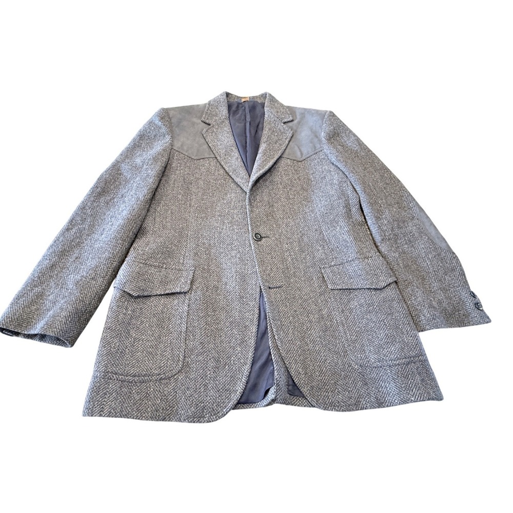 Pendleton Mens 42 Long Grey Herringbone Wool Western Blazer Suede‎  Elbow Patch
